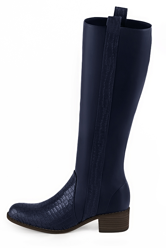 Navy blue women's riding knee-high boots. Round toe. Low leather soles. Made to measure. Profile view - Florence KOOIJMAN